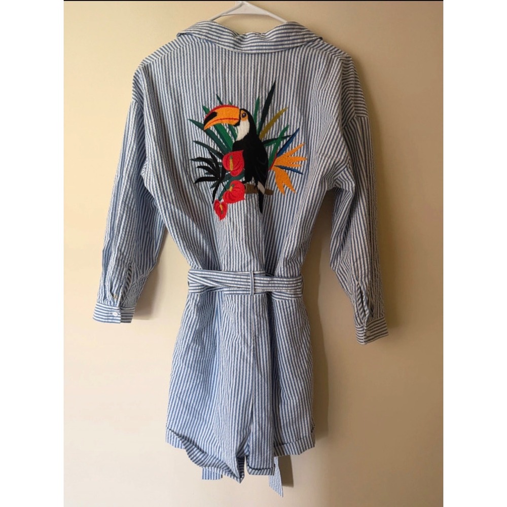 Zara Basic Seersucker Striped Toucan Embroidered Romperβ / Jumpsuit - Size M